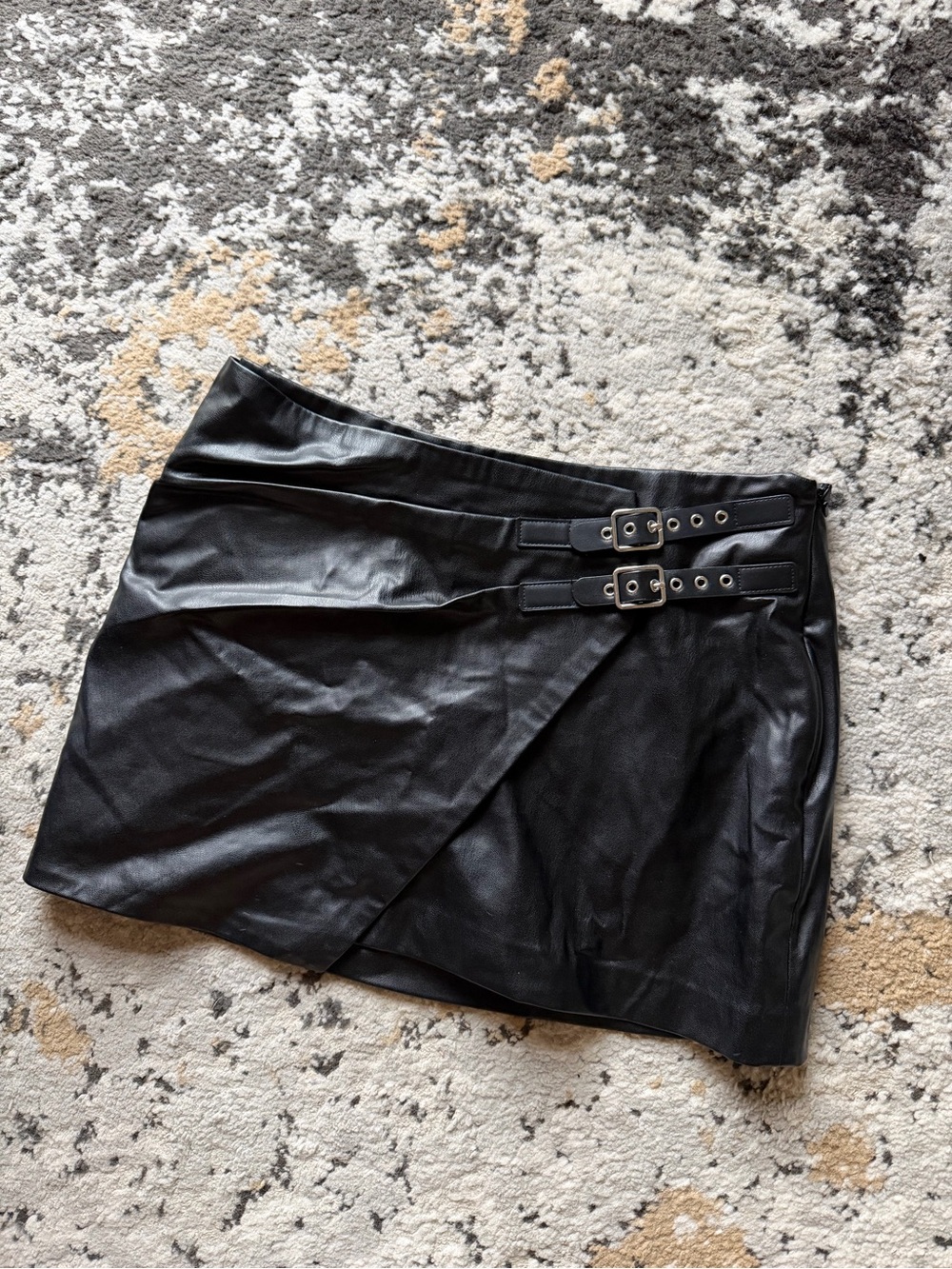 Zara Black Faux Leather Wrap Mini Skirt with Double Buckles
